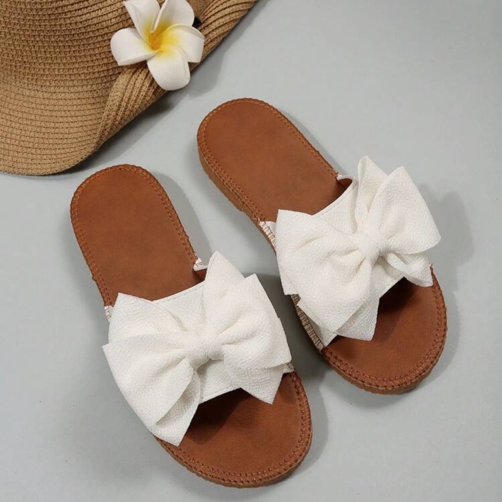 Preppy Slide Sandals For Women, Bow Decor Single Band Flat Sandals - Picture 5 of 6